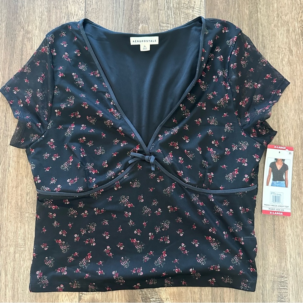 NWT! Aeropostale Cropped Blouse, V-Neck, Mesh, Floral, Romantic, Coquette, XLā